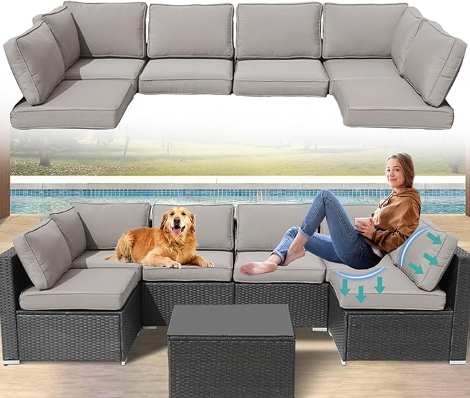 Patio Furniture Cushions,14Pieces Water-Resistant Outdoor Replacement Cushions,Sectional Sofa Cushions for Fits 6-Seats Rattan Wicker Patio Conversation Sets(Grey)