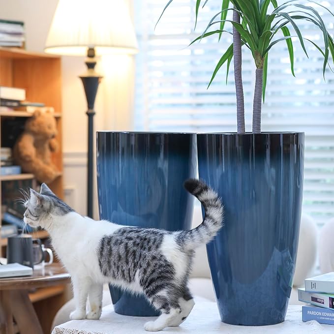 Plant Pots Large Plastic Planters 2Pack Glossy Blue Outdoor Tall Planter Plant Containers for Garden,Patio,Porch,Front Door,Backyard,Corner Decor Planters For Plants With Drainage Hole & Insert Shelf