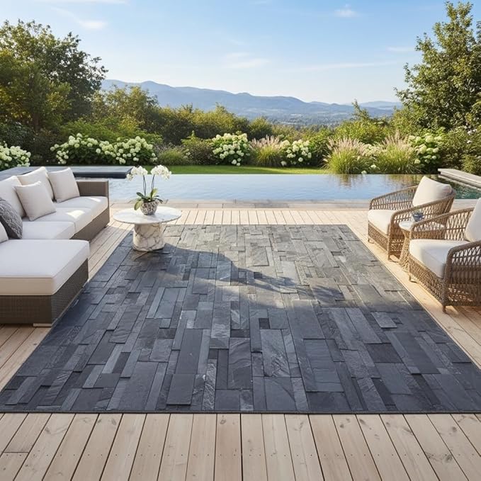3D Print Dark Grey Stone Wall Pattern Washable Outdoor Rug for Patios Balcony Deck Porch Backyard Garden Retro Stone Brick Texture Carpet Waterproof Non Slip Camping Rv Picnic Yard Outside Mat 7x9