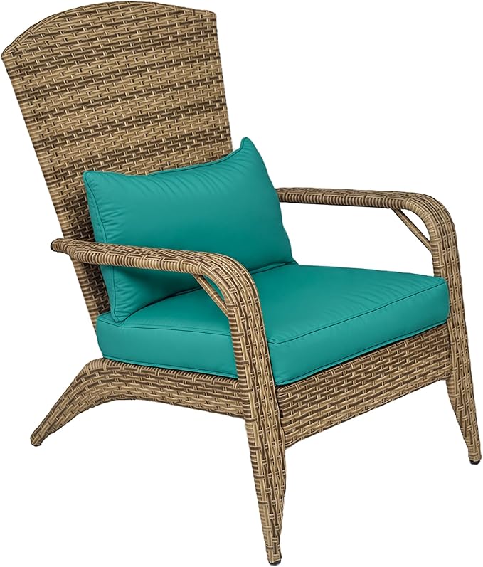 Outsunny Patio Wicker Adirondack Chair, Outdoor All-Weather Rattan Fire Pit Chair with Soft Cushions, Tall Curved Backrest and Comfortable Armrests for Deck or Garden, Sky Blue