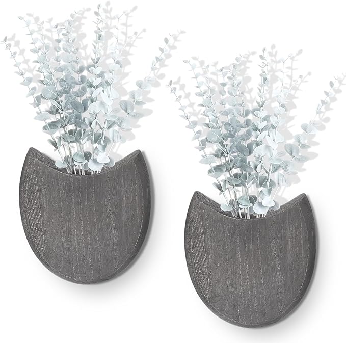 2 Pack Wood Wall Planters with Artificial Plants Farmhouse Boho Wall Decor Pocket Vases for Kitchen Office Living Room Entryway Hallway Bathroom Indoor Decoration(Gray)