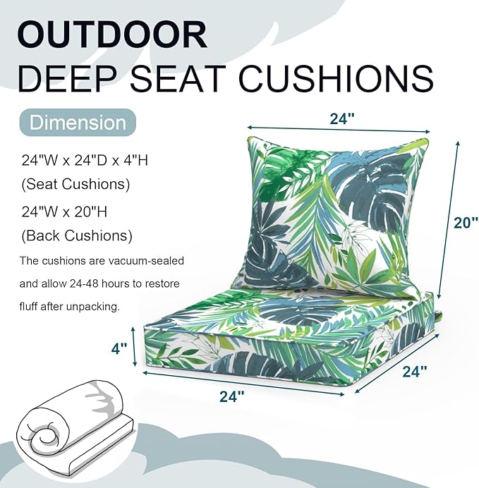 Outdoor Deep Seat Cushion Set, Water Repellent 24"x24" Patio Thick Cushions Replacement with Seat & Back Pillow for Patio Sofa, Wicker Chair, Couch - Islamorada Blue Green