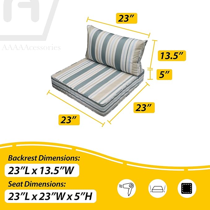 AAAAAcessories Outdoor Seat Cushions for Chairs, Fade-Resistant, Waterproof Patio Furniture Replacement Cushions, 23" x 23" x 5" + 23" x 13.5", Slate Gray Blue Coastal Stripe