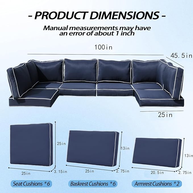 Patio Furniture Cushions,14Pieces Water-Resistant Outdoor Replacement Cushions,Sectional Sofa Cushions for Fits 6-Seats Rattan Wicker Patio Conversation Sets
