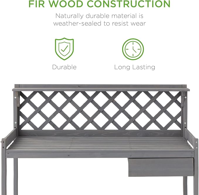 Best Choice Products Outdoor Garden Potting Bench, Wooden Workstation Table w/Cabinet Drawer, Open Shelf, Lower Storage, Lattice Back - Gray