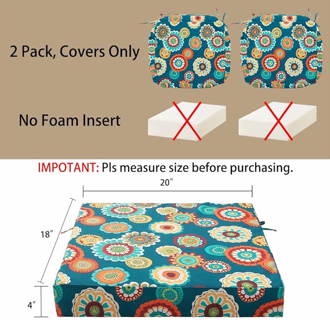 Magpie Fabrics Indoor Outdoor Cushion Cover Replacement 2 Pack, NO Insert! Water Repellent Slipcover with Ties Decor for Patio Garden Chair Sofa Bench Wicker(Floral Green, 20x18x4 Inch)