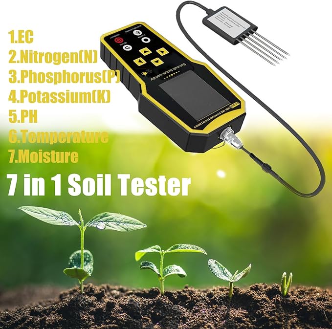 7 in 1 Soil Tester, Nitrogen Phosphorus Potassium NPK Tester, Handheld Soil PH Meter Kit, Temperature, Conductivity, Moisture, EC Meter for Petrochemical, Agriculture