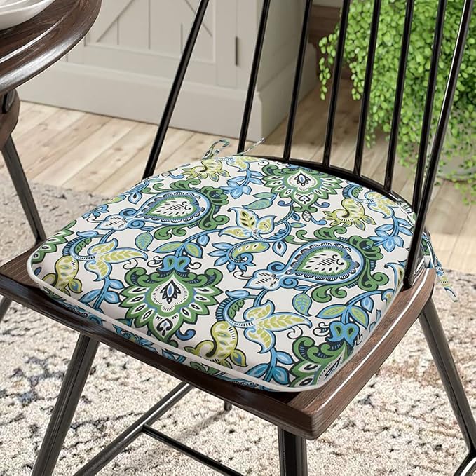 Magpie Fabrics Outdoor/Indoor 17"x16"x2" Chair Cushions with Ties Set of 4, Waterproof All Weather U-Shape Seat Pads Decoration for Patio Garden Furniture Home Office (Botanical Blue Green)