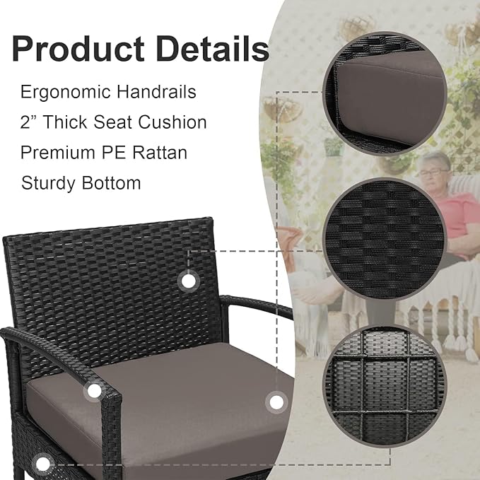 PROHIKER 3 PCS Patio Rattan Conversation Chairs Set, Outdoor Patio Furniture Balcony Furniture Set, Wicker Patio Bistro Set for Garden Porch Balcony Yard, Brown