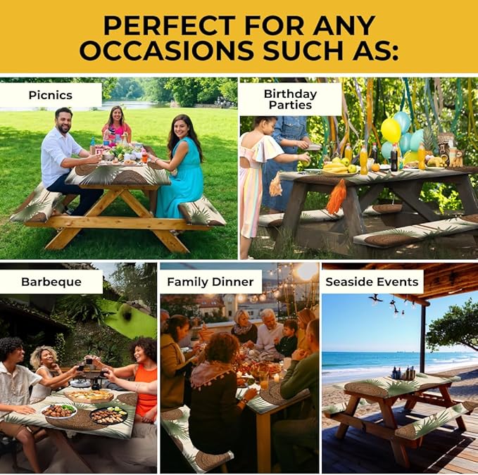 RNOONY 6ft Polyester Picnic Table Cover with Bench Covers Windproof & Waterproof Tablecloth, Perfect for Camping Gifts & RV Essentials, Cool Camping Gadgets with Carrying Bag 72x30 Inches 4Pcs Tree