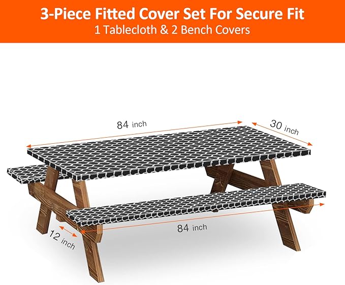 KENOBEE 7ft Picnic Table and Bench Cover, Camping Essentials RV Gear, 84 in Waterproof Windproof Outdoor Elastic All Around Tablecloth, Fitted Rectangle Tables and Seats, Black-White Moroccan