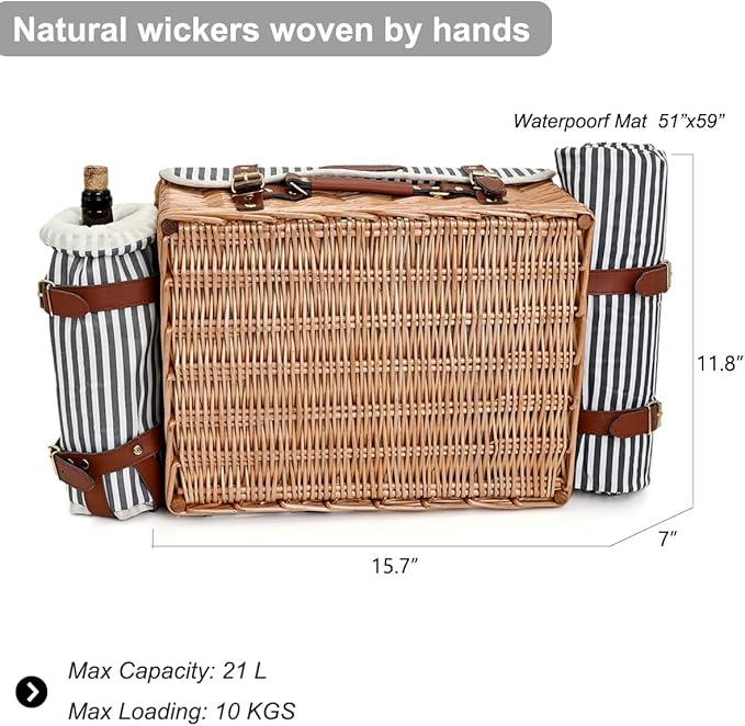 Multifunctional Wicker Picnic Basket Set for 4 with Blanket and Picnic Table, Insulated Picnic Set with Full Tablewares for Camping Outdoor Couples, Stripes