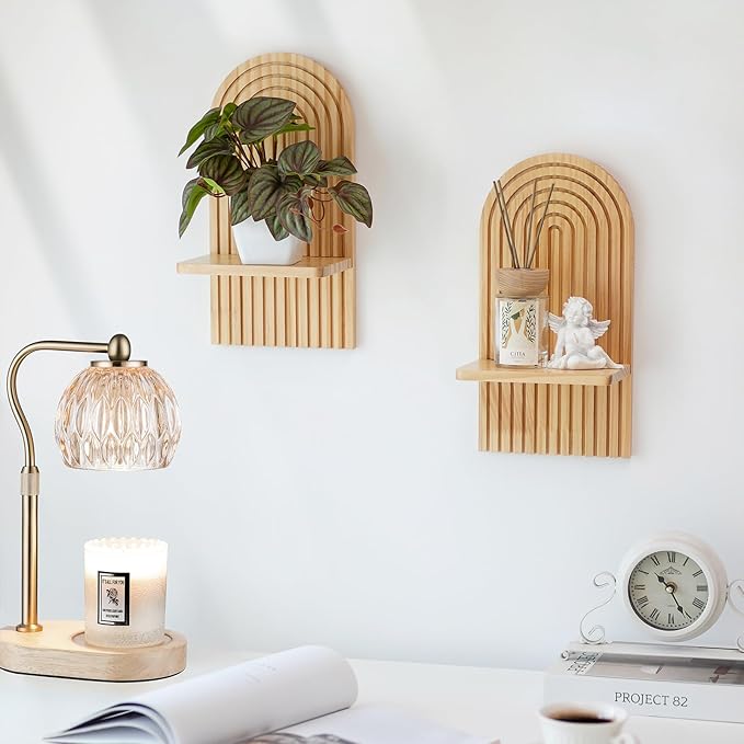Boho Wall Decor Set of Two - Natural Modern Minimalist Mid Century Wall Candle Holder for Living Room - Wood Bohemian Decor for Bathroom Nursery Bedroom