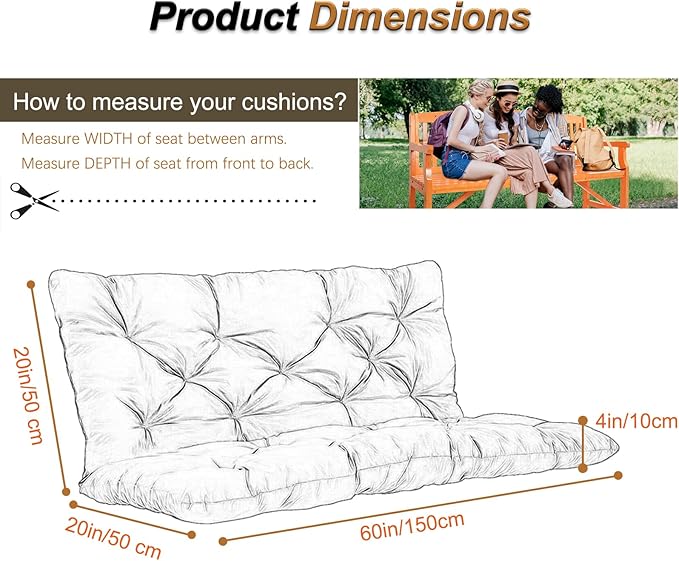 2-3 Seat Swing Replacement Cushion, Outdoor Bench Cushions with Backrest Thicken 4", Patio Furniture Garden Porch Loveseat Glider Pad Anti-Fading Waterproof (Khaki, 40x60in)