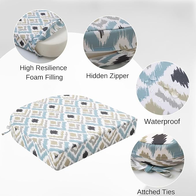 idee-home Outdoor Chair Cushions Set of 4, Thick 19" x 19" x 3" Outdoor Seat Cushions Patio Furniture Waterproof with Ties, Dining Pads