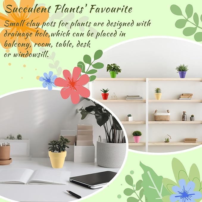 Tioncy 50 Pcs 2 Inch Small Mini Colored Clay Flower Pots with Drainage Hole Succulent Pots for Indoor Outdoor DIY Craft Wedding Favor