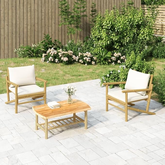Garden Lounge Set Bamboo with Cream White Cushions Garden Furniture Set for Deck Outdoor