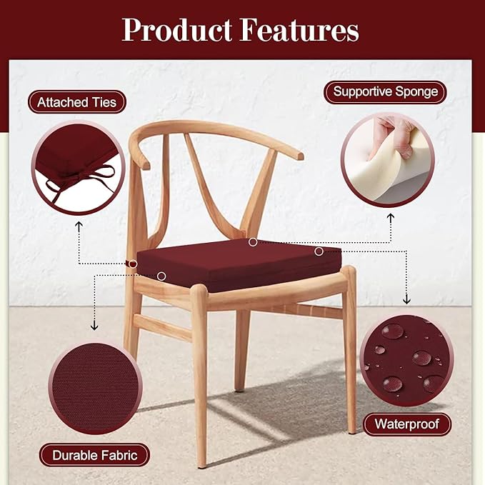 Cozyide Outdoor Chair Cushions, Waterproof Patio Seat Cushions with Adjustable Straps, Square Corner Patio Chair Cushions for Garden, Burgundy, 18.5x16x3 Inch (Pack of 4)