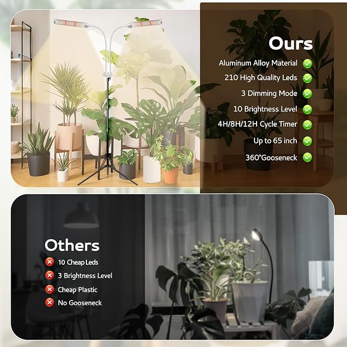 210 LED Grow Lights for Indoor Plants Full Spectrum, LED Plant Light with Stand, Adjustable Height, Plant Grow Lights with Auto 4/8/13/H Timer for Indoor Tall Plants.
