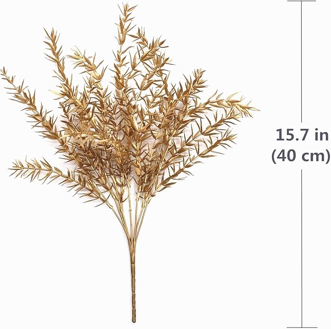 CATTREE Artificial Plants for Christmas, Plastic Grass Faux Shrubs Fake Leaves Simulation Sharp Bushes Home Indoor Outdoor Garden Wedding Festival Decoration Hall Table Planter Filler – Gold 2 Pack