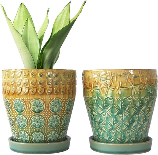 6 Inch Ceramic Planter with Drainage Hole and Saucer for Plants, Indoor-Outdoor Large Round Succulent Orchid Flower Pot, Set of 2