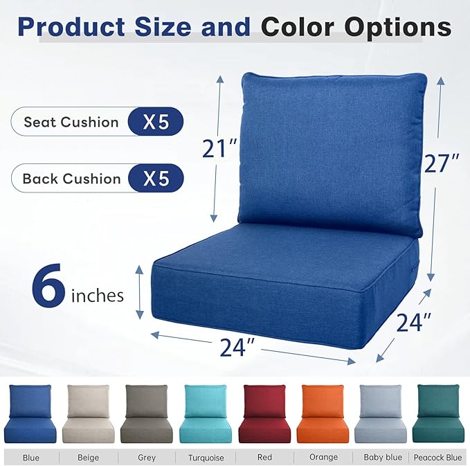 Belord Luxury 6" Thick Outdoor Cushion 5 Set - 24 x24 Inch 28D Sponge Filling Fade-Resistant Chair Cushion, Spill Proof Removable Patio Furniture Replacement Cushion for Sofa Bench Swing - Blue