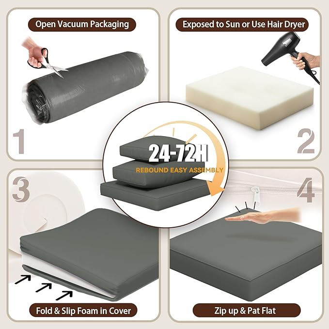 14 Pieces Replacement Patio Cushion for Outdoor Sectional Furniture, Waterproof Outdoor Cushion for 6-Seat Wicker Patio Sofa Sets, 3.2'' Thick with 25D Foam (Grey, 25.2x25.2 Inches)