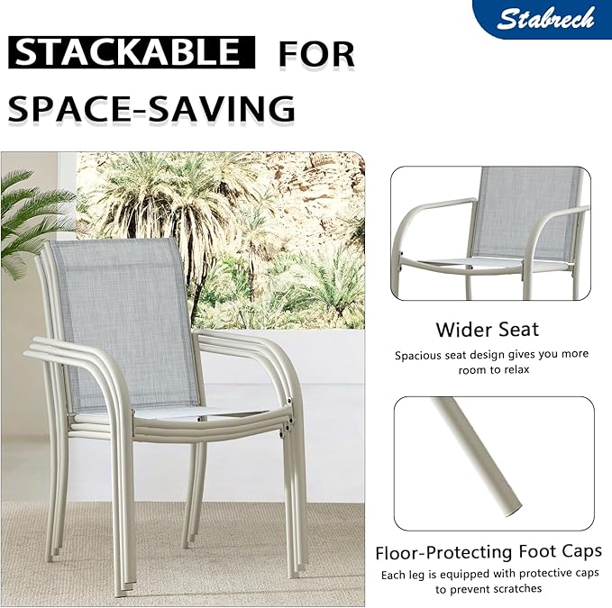 Outdoor Patio Dining Chairs Set of 6, Lightweight Stackable Patio Chairs with Curved Armrests & Wide Seat, Heavy Duty 300 lbs Capacity, Garden Chairs for Backyard, Deck, Poolside, Beige Blue