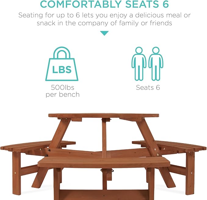 Best Choice Products 6-Person Circular Outdoor Wooden Picnic Table for Patio, Backyard, Garden, DIY w/ 3 Built-in Benches, 500lb Capacity - Acorn
