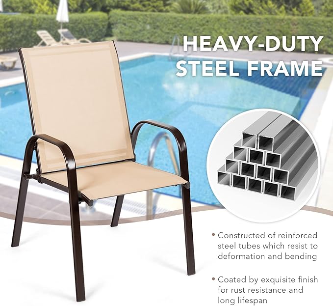 Tangkula 2 Piece Patio Dining Chairs, Outdoor Bistro Chairs W/Curved Armrests, Easy-to-Dry Fabric, Reinforced Steel Frame, Wide & Comfortable Camping Chairs for Garden, Poolside, Backyard (1, Beige)