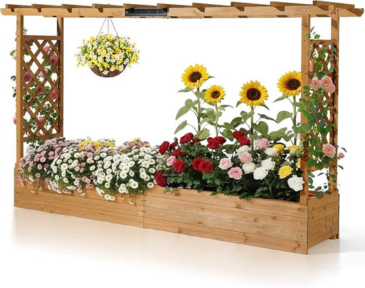 Outvita 45" Raised Garden Bed with Trellis, Wood Planter Box with Hanging Roof, Side Trellis and Drainage Holes, Above Ground Elevated Garden Bed for Outdoor Climbing Plants Vegetables(Teak Color)