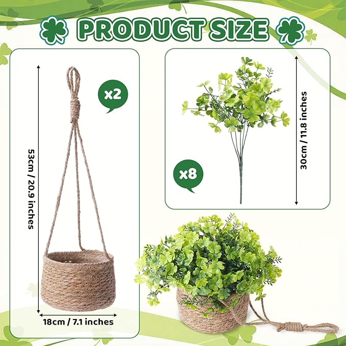 2 Set St. Patrick's Day Artificial Clover Plants with Woven Basket, Faux Shamrock Hanging Plants for Irish Theme Home Decor, St. Patrick's Displays