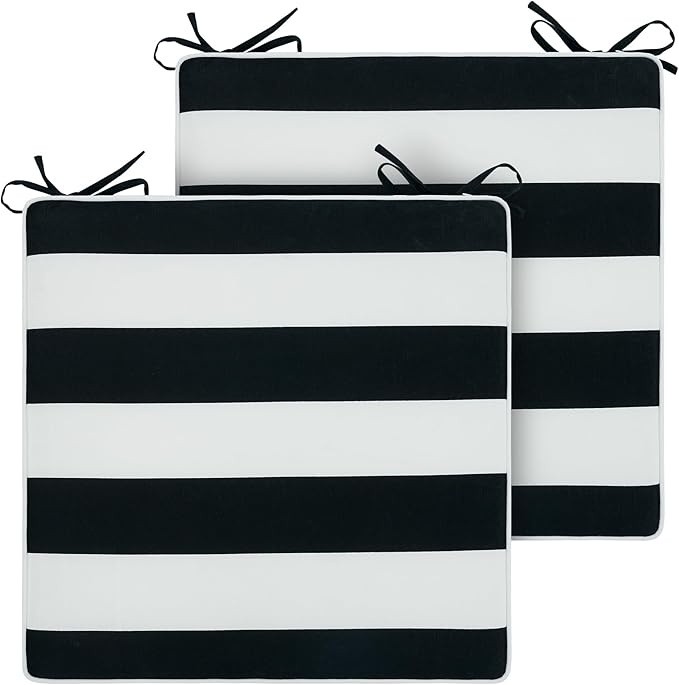 FUNHOME Indoor/Outdoor Chair Cushions Set of 2, 18 x 18 x 2.5 Inch Square Corner Outdoor Cushions for Patio Furniture,2 Packs Patio Chair Cushions with Ties-Black White Stripe