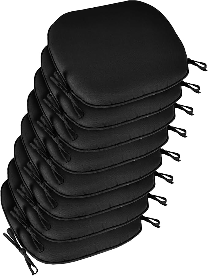 SleepMan Outdoor 17"x16" Chair Cushions with Ties Set of 8, Water Resistant All Weather U-Shape Seat Pads for Patio Garden Furniture Indoor Fade Resistant Patio Cushions (Black)