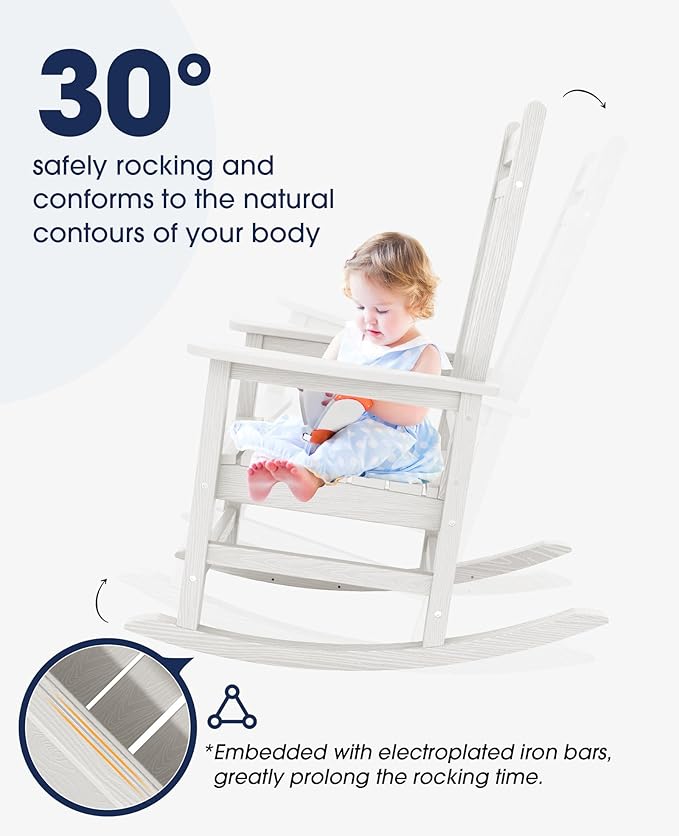 KINGYES Outdoor Rocking Chair Set of 2, All-Weather Patio Rocking Chairs for Porch, HDPE Rocking Outdoor Chairs with High Back for Adult, Heavy Duty Outdoor Patio Rockers for Garden, Lawn, White