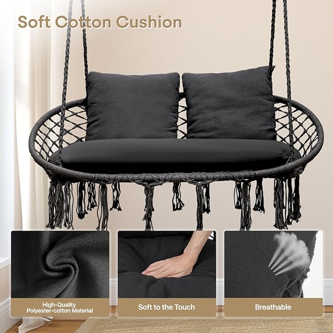 Athena Collection Hammock Swing Chair with 2 Seat, Max 700 Lbs, Outdoor Large Cotton Rope Chair Hanging Macrame Chair with 3 Soft Cushion, Swing Chair for Outdoor Indoor Patio Garden, Black