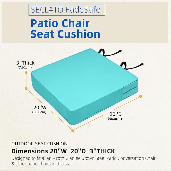 Patio Chair Cushion 20 inch Square Waterproof Outdoor Seat Cushions for Patio Furniture Color Fastness Garden Sofa Couch Chair Pads with Handle and Straps, 2 Pack Blue