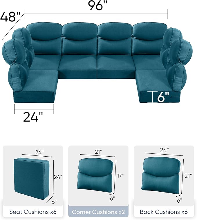 Luxury 24x24x6 Outdoor Seat Cushions for 6-Seat Sectional Sofa Set of 6 - Water-Repellent 14-Piece Patio Cushion Set for Outside Wicker Loveseat Chair L-Shape Couch - Peacock Blue/Smile