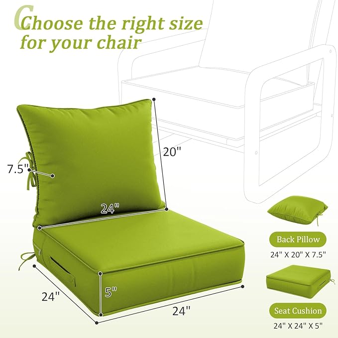 Outdoor Patio Chair Cushions Set 24 L X 24 W X 5 H Waterproof & Fade Resistant Deep Seat and Back Cushions with Removable Covers Outdoor Seat Cushion Set for Chairs and Sofas