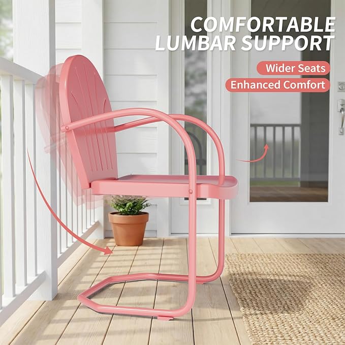 Patio Bistro Set Retro Metal Outdoor Seating Conversation 3 Pieces, 2 C-Spring Motion Armchairs and Round Side Table, for Porch, Lawn, Garden (Pink)