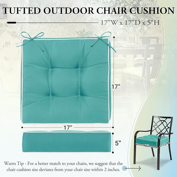 Wellsin Outdoor Chair Cushions Set of 2, Patio Cushions for Outdoor Furniture, Tufted Waterproof Outdoor Chair Pads, 17 x 17 Inch, Teal
