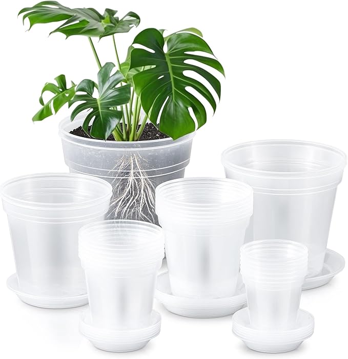 Vesici 24 Sets 4/5/6/7/8/9 Inch Clear Nursery Pots with Saucer Pack Variety Plastic Clear Plant Pots with Tray Drainage Hole for Indoor Plants Flowers Garden