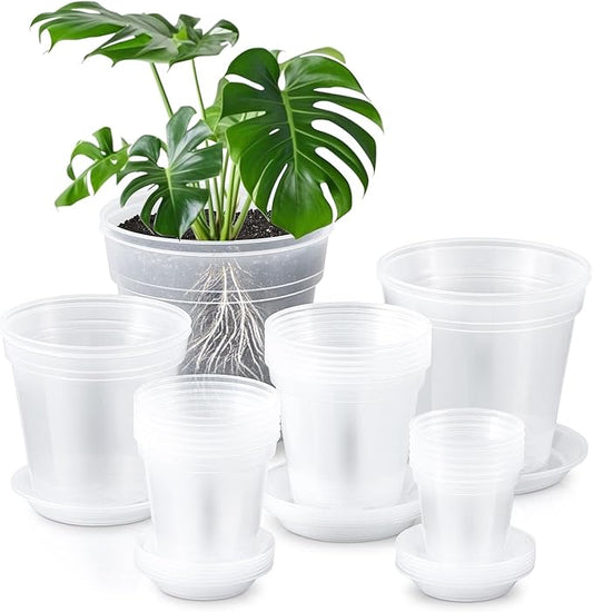 Vesici 24 Sets 4/5/6/7/8/9 Inch Clear Nursery Pots with Saucer Pack Variety Plastic Clear Plant Pots with Tray Drainage Hole for Indoor Plants Flowers Garden