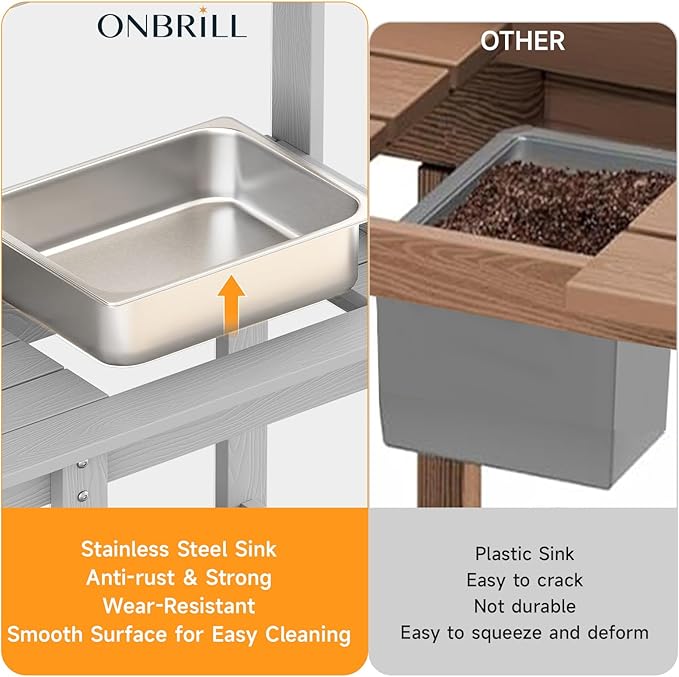 ONBRILL Potting Bench, Outdoor Potting Bench Table with Removable Sink, HDPS Potting Benches for Outside, Garden Table with Storage Shelves & 4 Side Hooks, No Rot, No Fade, No Break, 360lbs Capacity