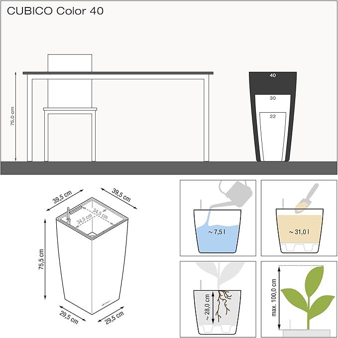 Lechuza CUBICO Color 40 Slate, Self-Watering Tall Planter, H29.5 L15.7 W15.7 in