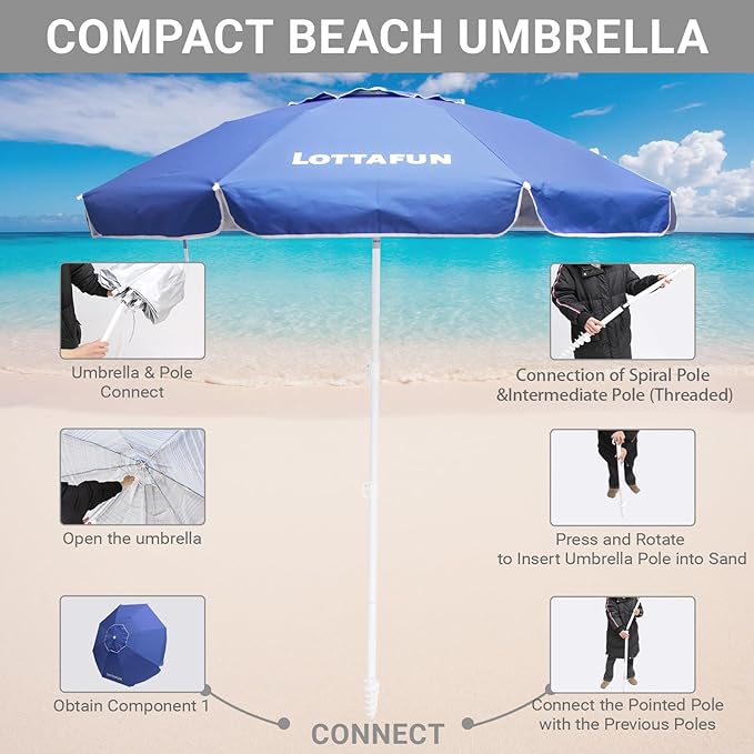 6ft Beach Umbrella - Heavy Duty Wind Resistant UV 50+ Portable Sun Shade with Sand Anchor & Carry Bag, Outdoor Folding Umbrella for Beach, Pool, Patio, Garden (Dark Blue)