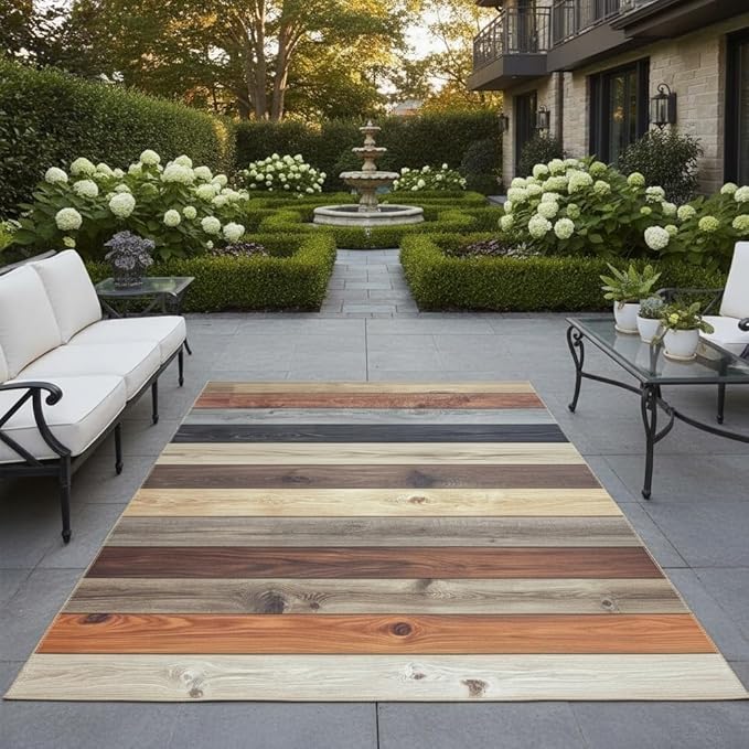Waterproof Brown Khaki Natural Wood Plank Texture Outdoor Rug 9x12 Rustic Wooden Board Outdoor Area Rug for Patio Deck Garden Balcony Backyard Camping Non Slip Low Pile Outside Carpet Floor Covers