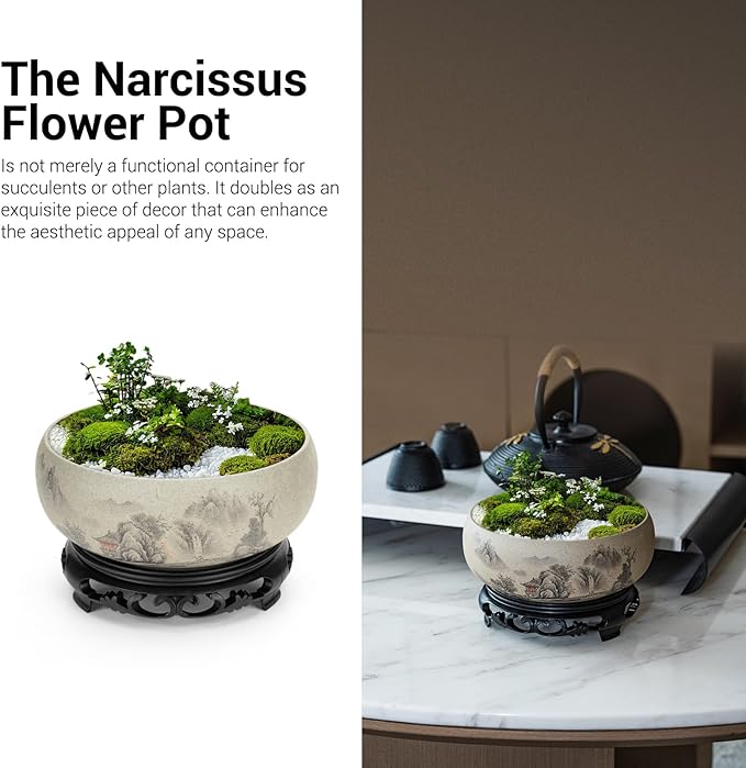 Lotus Bowl Planter - Ceramic Pots for Plants with Stand for Hydroponic Water Lilies & Bonsai Trees, Bonsai Pots Indoor/Outdoor Décor - Zen Garden & Home Art Display (Grey, Small)