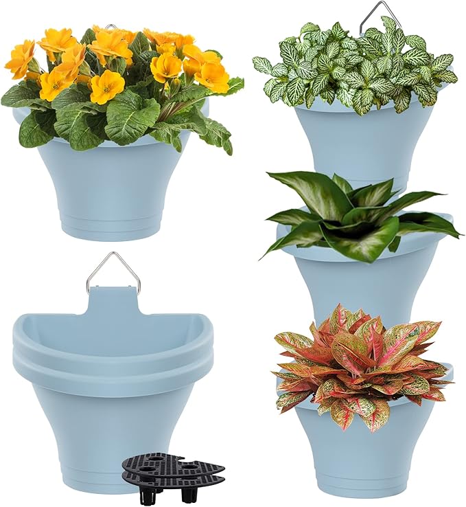 MADHOLLY 6Pcs Hanging Vertical Planter- Plastic Wall Hanging Planter with Hooks Leaky Grid- Self Watering Hanging Pots for Indoor Outdoor Garden Fence Hanging Decorations (Blue)
