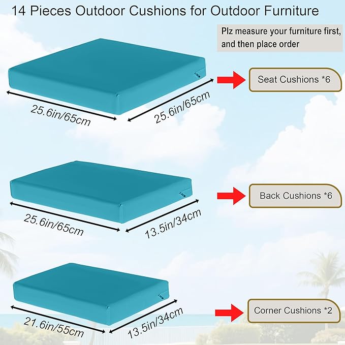 Outdoor Replacement Cushions for Patio Furniture, Splash-Resistant and Fade-Resistant 14 Pieces Outdoor Couch Cushion, 25.6x25.6x4 Inch Sofa Pad with Removable Fabric Cover